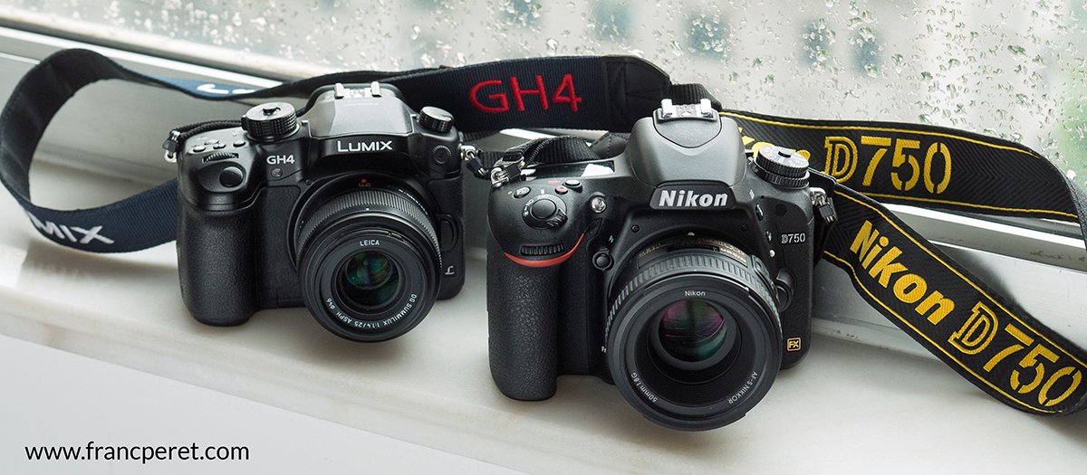 The Panasonic GH4 is quit generous in size for a M43 camera and the Nikon D750 is quit compact for a full frame camera. Overall the size difference between the two is not so huge, but weight is different and lenses are much bigger for the  Nikon.